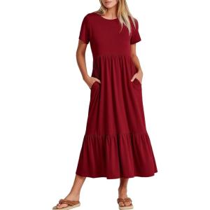 image:imageANRABESS Womens 2026 Summer Casual Maxi Dress A line Tiered Flowy Short Sleeve Crewneck T Shirt Beach Travel Long DressesWine Red