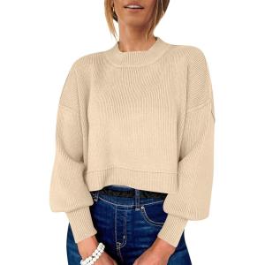 image:imageANRABESS Womens Cropped Sweaters Oversized Crewneck Long Batwing Sleeve Side Slit Ribbed Knit Pullover Tops 2025 Fall ClothesApricot