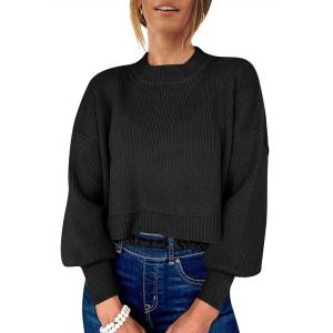 image:imageANRABESS Womens Cropped Sweaters Oversized Crewneck Long Batwing Sleeve Side Slit Ribbed Knit Pullover Tops 2025 Fall ClothesBlack