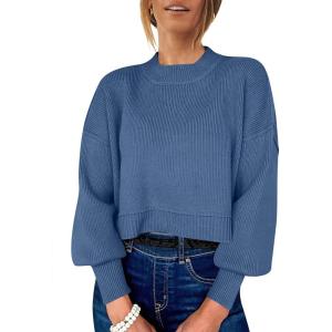 image:imageANRABESS Womens Cropped Sweaters Oversized Crewneck Long Batwing Sleeve Side Slit Ribbed Knit Pullover Tops 2025 Fall ClothesBlue