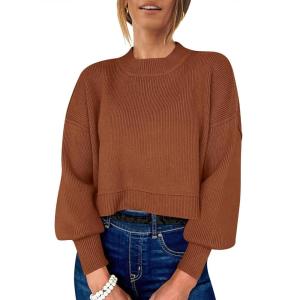 image:imageANRABESS Womens Cropped Sweaters Oversized Crewneck Long Batwing Sleeve Side Slit Ribbed Knit Pullover Tops 2025 Fall ClothesCaramel
