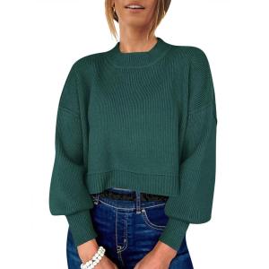 image:imageANRABESS Womens Cropped Sweaters Oversized Crewneck Long Batwing Sleeve Side Slit Ribbed Knit Pullover Tops 2025 Fall ClothesDark Green