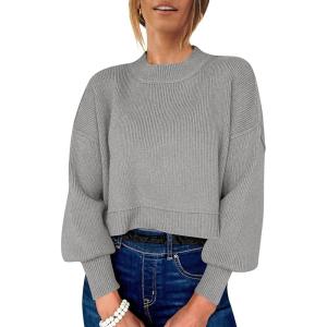 image:imageANRABESS Womens Cropped Sweaters Oversized Crewneck Long Batwing Sleeve Side Slit Ribbed Knit Pullover Tops 2025 Fall ClothesGrey