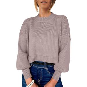 image:imageANRABESS Womens Cropped Sweaters Oversized Crewneck Long Batwing Sleeve Side Slit Ribbed Knit Pullover Tops 2025 Fall ClothesRed Apricot