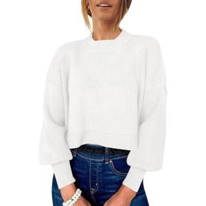 image:imageANRABESS Womens Cropped Sweaters Oversized Crewneck Long Batwing Sleeve Side Slit Ribbed Knit Pullover Tops 2025 Fall ClothesWhite