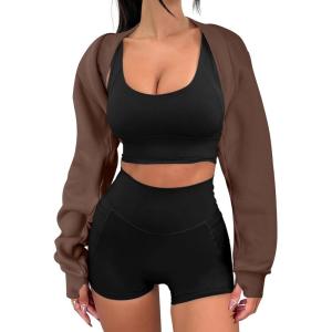 image:imageANRABESS Womens Cropped Sweatshirt Long Sleeve Bolero Cardigan Open Front Shrug Workout Thumb Hole Y2K Tops Preppy ClothesBrown