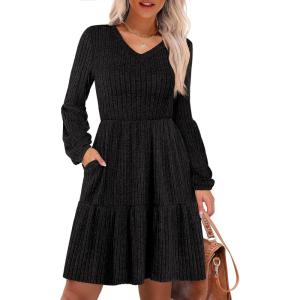 image:imageANRABESS Womens Long Lantern Sleeve Ribbed Knit Dresses V Neck Casual 2025 Fall Winter Flowy Swing Tunic Sweater Short DressBlack