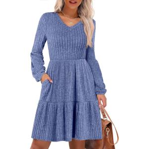image:imageANRABESS Womens Long Lantern Sleeve Ribbed Knit Dresses V Neck Casual 2025 Fall Winter Flowy Swing Tunic Sweater Short DressBlue