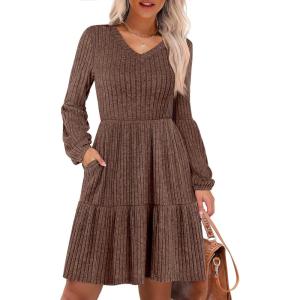image:imageANRABESS Womens Long Lantern Sleeve Ribbed Knit Dresses V Neck Casual 2025 Fall Winter Flowy Swing Tunic Sweater Short DressBrown