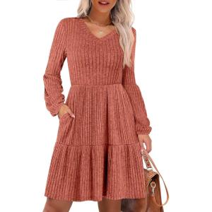 image:imageANRABESS Womens Long Lantern Sleeve Ribbed Knit Dresses V Neck Casual 2025 Fall Winter Flowy Swing Tunic Sweater Short DressBurnt Orange