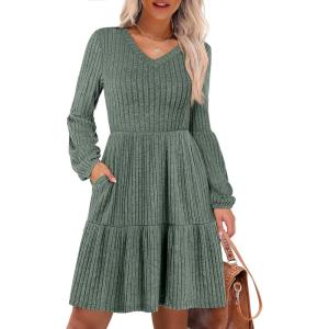 image:imageANRABESS Womens Long Lantern Sleeve Ribbed Knit Dresses V Neck Casual 2025 Fall Winter Flowy Swing Tunic Sweater Short DressGreen