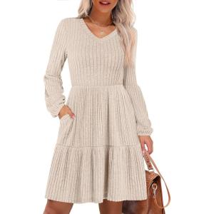 image:imageANRABESS Womens Long Lantern Sleeve Ribbed Knit Dresses V Neck Casual 2025 Fall Winter Flowy Swing Tunic Sweater Short DressLight Khaki