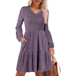 image:imageANRABESS Womens Long Lantern Sleeve Ribbed Knit Dresses V Neck Casual 2025 Fall Winter Flowy Swing Tunic Sweater Short DressPurple