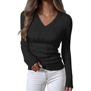 image:imageANRABESS Womens Long Sleeve Cable Knit Sweater 2025 Fall Fashion V Neck Fitted Pullover Top Business Casual Work Fall OutfitsBlack