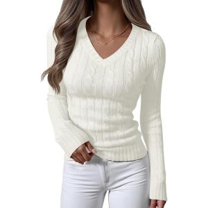 image:imageANRABESS Womens Long Sleeve Cable Knit Sweater 2025 Fall Fashion V Neck Fitted Pullover Top Business Casual Work Fall OutfitsCream White