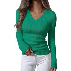 image:imageANRABESS Womens Long Sleeve Cable Knit Sweater 2025 Fall Fashion V Neck Fitted Pullover Top Business Casual Work Fall OutfitsGreen