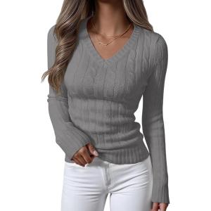 image:imageANRABESS Womens Long Sleeve Cable Knit Sweater 2025 Fall Fashion V Neck Fitted Pullover Top Business Casual Work Fall OutfitsGrey