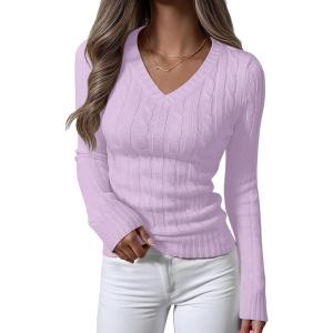image:imageANRABESS Womens Long Sleeve Cable Knit Sweater 2025 Fall Fashion V Neck Fitted Pullover Top Business Casual Work Fall OutfitsLight Purple