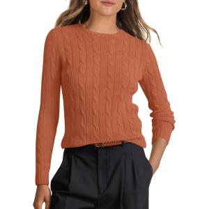 image:imageANRABESS Womens Long Sleeve Cable Knit Sweater Jumper Crewneck Pullover Soft Dressy Casual Tops Cute 2025 Fall Trendy OutfitsRust