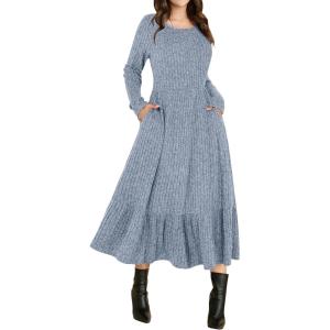 image:imageANRABESS Womens Long Sleeve Midi Dress Spring Rib Knit Crew Neck A Line Soft Flowy Swing Dresses with Pocket Casual TrendyBlue