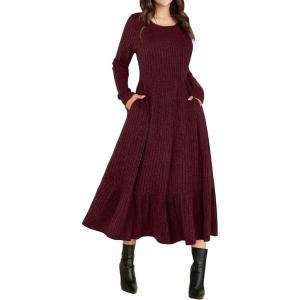image:imageANRABESS Womens Long Sleeve Midi Dress Spring Rib Knit Crew Neck A Line Soft Flowy Swing Dresses with Pocket Casual TrendyBurgundy