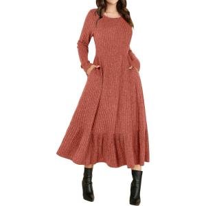 image:imageANRABESS Womens Long Sleeve Midi Dress Spring Rib Knit Crew Neck A Line Soft Flowy Swing Dresses with Pocket Casual TrendyBurnt Orange