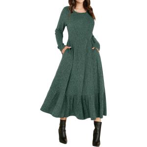 image:imageANRABESS Womens Long Sleeve Midi Dress Spring Rib Knit Crew Neck A Line Soft Flowy Swing Dresses with Pocket Casual TrendyGreen