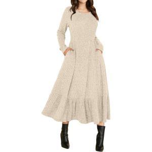 image:imageANRABESS Womens Long Sleeve Midi Dress Spring Rib Knit Crew Neck A Line Soft Flowy Swing Dresses with Pocket Casual TrendyLight Khaki