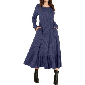 image:imageANRABESS Womens Long Sleeve Midi Dress Spring Rib Knit Crew Neck A Line Soft Flowy Swing Dresses with Pocket Casual TrendyNavy Blue