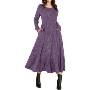 image:imageANRABESS Womens Long Sleeve Midi Dress Spring Rib Knit Crew Neck A Line Soft Flowy Swing Dresses with Pocket Casual TrendyPurple