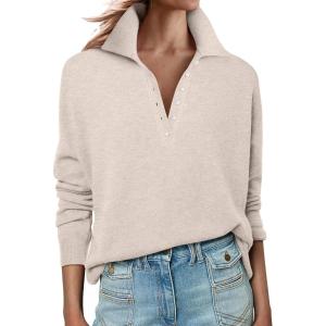 image:imageANRABESS Womens Long Sleeve Polo Sweaters Knit Button Shirt Lightweight Dressy Casual Basic Pullover Tops 2026 Fall FashionAlmond