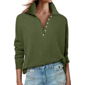 image:imageANRABESS Womens Long Sleeve Polo Sweaters Knit Button Shirt Lightweight Dressy Casual Basic Pullover Tops 2026 Fall FashionArmy Green