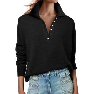 image:imageANRABESS Womens Long Sleeve Polo Sweaters Knit Button Shirt Lightweight Dressy Casual Basic Pullover Tops 2026 Fall FashionBlack