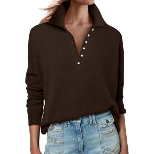 image:imageANRABESS Womens Long Sleeve Polo Sweaters Knit Button Shirt Lightweight Dressy Casual Basic Pullover Tops 2026 Fall FashionCoffee