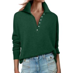 image:imageANRABESS Womens Long Sleeve Polo Sweaters Knit Button Shirt Lightweight Dressy Casual Basic Pullover Tops 2026 Fall FashionForest Green