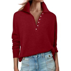 image:imageANRABESS Womens Long Sleeve Polo Sweaters Knit Button Shirt Lightweight Dressy Casual Basic Pullover Tops 2026 Fall FashionRed