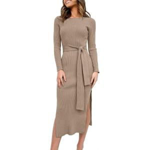 image:imageANRABESS Womens Long Sleeve Sweater Dress Crew Neck Slim Fit Slit Tie Waist 2025 Ribbed Knit Bodycon Midi Dress Fall OutfitsAlmond