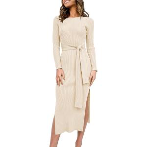 image:imageANRABESS Womens Long Sleeve Sweater Dress Crew Neck Slim Fit Slit Tie Waist 2025 Ribbed Knit Bodycon Midi Dress Fall OutfitsBeige