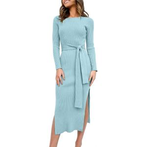 image:imageANRABESS Womens Long Sleeve Sweater Dress Crew Neck Slim Fit Slit Tie Waist 2025 Ribbed Knit Bodycon Midi Dress Fall OutfitsBlue