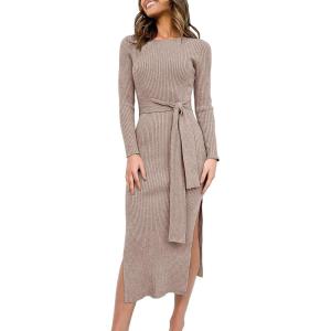 image:imageANRABESS Womens Long Sleeve Sweater Dress Crew Neck Slim Fit Slit Tie Waist 2025 Ribbed Knit Bodycon Midi Dress Fall OutfitsCamel
