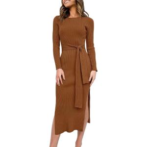 image:imageANRABESS Womens Long Sleeve Sweater Dress Crew Neck Slim Fit Slit Tie Waist 2025 Ribbed Knit Bodycon Midi Dress Fall OutfitsCaramel