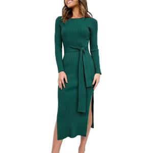 image:imageANRABESS Womens Long Sleeve Sweater Dress Crew Neck Slim Fit Slit Tie Waist 2025 Ribbed Knit Bodycon Midi Dress Fall OutfitsDark Green