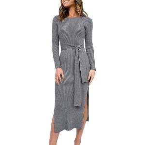 image:imageANRABESS Womens Long Sleeve Sweater Dress Crew Neck Slim Fit Slit Tie Waist 2025 Ribbed Knit Bodycon Midi Dress Fall OutfitsDark Grey