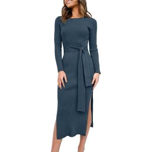 image:imageANRABESS Womens Long Sleeve Sweater Dress Crew Neck Slim Fit Slit Tie Waist 2025 Ribbed Knit Bodycon Midi Dress Fall OutfitsDusty Blue