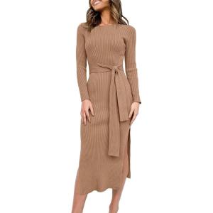image:imageANRABESS Womens Long Sleeve Sweater Dress Crew Neck Slim Fit Slit Tie Waist 2025 Ribbed Knit Bodycon Midi Dress Fall OutfitsKhaki