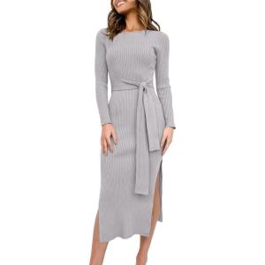 image:imageANRABESS Womens Long Sleeve Sweater Dress Crew Neck Slim Fit Slit Tie Waist 2025 Ribbed Knit Bodycon Midi Dress Fall OutfitsLight Grey