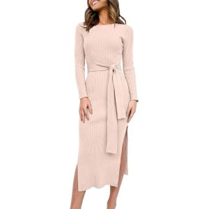 image:imageANRABESS Womens Long Sleeve Sweater Dress Crew Neck Slim Fit Slit Tie Waist 2025 Ribbed Knit Bodycon Midi Dress Fall OutfitsPink