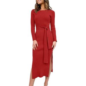 image:imageANRABESS Womens Long Sleeve Sweater Dress Crew Neck Slim Fit Slit Tie Waist 2025 Ribbed Knit Bodycon Midi Dress Fall OutfitsRed