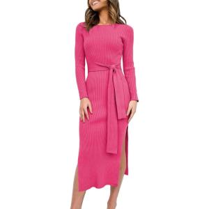 image:imageANRABESS Womens Long Sleeve Sweater Dress Crew Neck Slim Fit Slit Tie Waist 2025 Ribbed Knit Bodycon Midi Dress Fall OutfitsRose