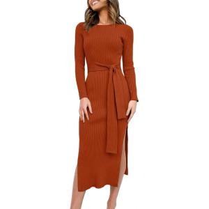 image:imageANRABESS Womens Long Sleeve Sweater Dress Crew Neck Slim Fit Slit Tie Waist 2025 Ribbed Knit Bodycon Midi Dress Fall OutfitsRust